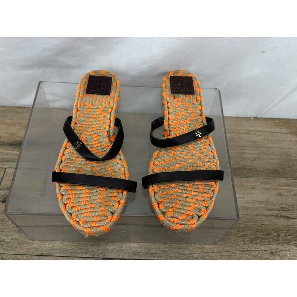 Tory Burch Women Orange Tan Woven Rope Espadrille Sandals Brown‎ Leather 9.5